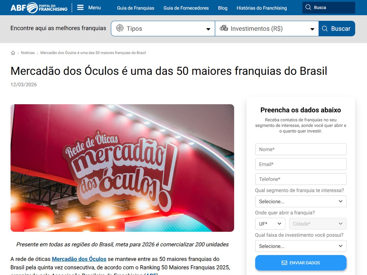Matéria sobre o Mercadão dos Óculos no Portal do Franchising